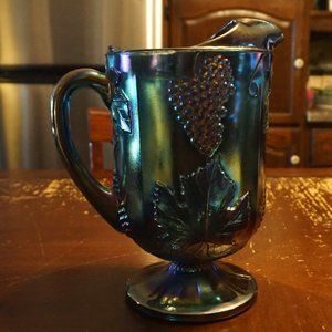 Antique Indiana Carnival Glass Pitcher Blue Harvest Grapes